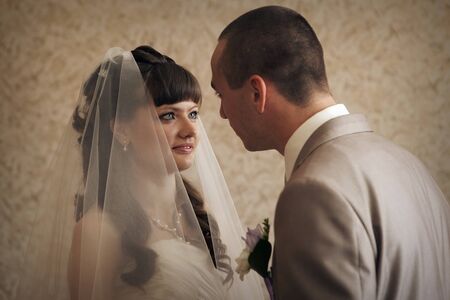 love the groom looking at the bride. A man admires a woman. The concept of family day, Valentine's day, weddingの写真素材