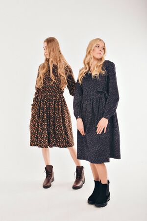 advertising of fashion for woman: dress, shoes. two happy girls smiling. Portrait of women hugging. The concept of relationships in the family, friends, sisters, couple in love. isolated on white background.の写真素材