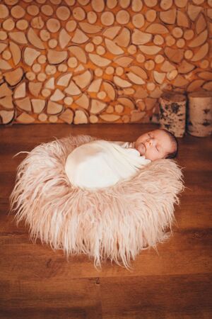 newborn baby wrapped in a blanket sleeping in a basket. concept of childhood, healthcare, IVFの写真素材