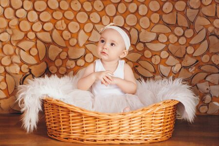 girl in a dress sitting in a basket on a white firewood. the concept of holiday, fun, home comfortの写真素材