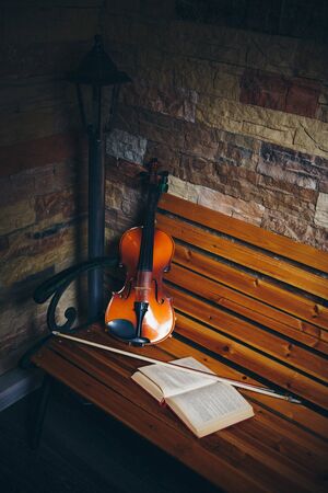 violin, bow and open book on a bench by the stone wallの写真素材