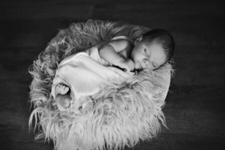 newborn baby wrapped in a blanket sleeping in a basket. concept of childhood, healthcare, IVF. Black and white photoの写真素材