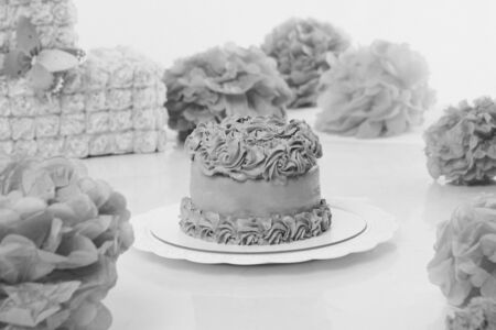 cake on white background closeup. Confectionery decorated with roses. The concept of advertising baking, calorie, food, dietの写真素材