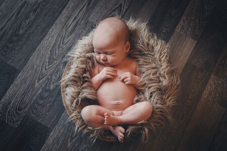 newborn baby wrapped in a blanket sleeping in a basket. concept of childhood, healthcare, IVF. Black and white photoの写真素材