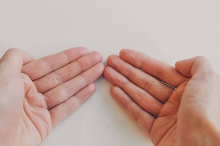 hands on white background. the concept of manifestation of emotions, gestures: petition, prayerの写真素材