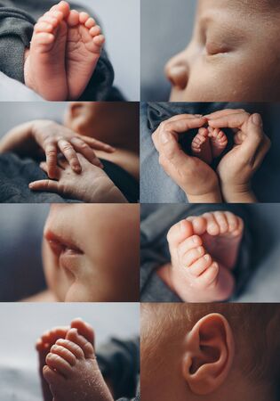 collage of photos: face, legs, hands of a child close-up. concept of childhood, health care, IVF, hygiene, ENTの写真素材