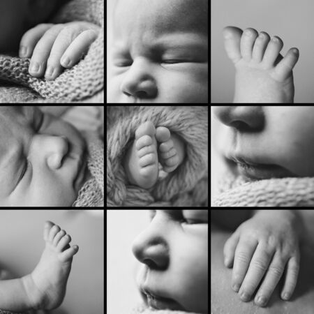 collage of photos: face, legs, hands of a child close-up. concept of childhood, health care, IVF, hygiene, ENTの写真素材