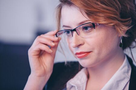 isolated photo: portrait of smiling handsome businesswoman in glasses. concept of healthy eyes,...