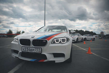 advertising of cars , Moscow, 1.11.2018: close- up details: BMW car company badge, radiator grille, headlights, bumperのeditorial素材