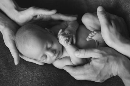 newborn baby lying on the hands of parents. Imitation of a baby in the womb. beautiful little girl sleeping lying on her backの写真素材