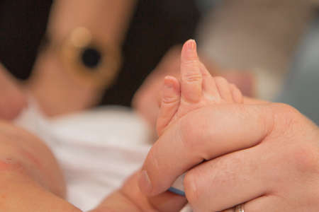 Newborn Baby's hand. Mother and father holding newborn baby arm