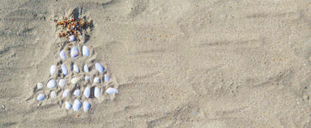 2021: drawing of a Christmas tree made of shells on the sand. copy space. New year on the beach