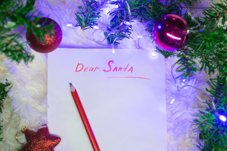 the concept of celebrating Christmas at midnight. holiday decor ,. letter to Santa Claus, wish list, giftsの写真素材