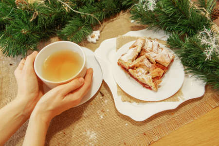 Green tea and Pie on a plate. The food is ready to eat. Puff pastry pastryの写真素材