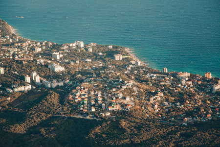 the concept of weather observation, meteorology. wind and small waves. Seascape, mountainsの写真素材