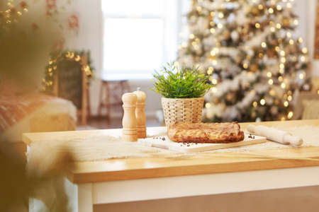 making a pie. Festive dinner. Christmas treat. The cook prepares pastriesの写真素材