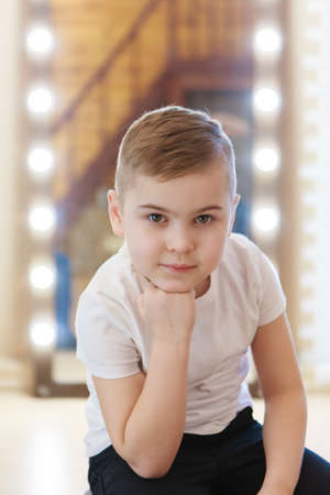 Portrait of baby with big eyes. Face of small child. smiling caucasian boyの写真素材