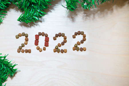food for cats and dogs and the new year. Dry food label. Pet treats in 2022