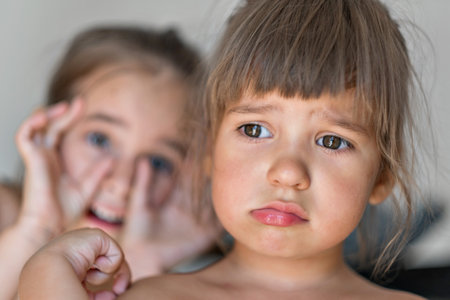 European girl is sad and offended. Sisters quarrel. Sad and sad child. High quality photo.の写真素材