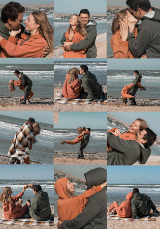 Vertical collage from the photo. The guy and the girl hug and look at each other with love on the beach, against the backdrop of the Blue Sea. The date of the young couple on Valentines Day.の写真素材