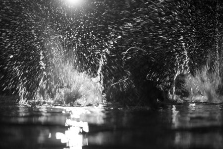 The girl swims in the river at night in the backlight. Splashes of water glow from a lantern. Joy, childhood, fashion. Slow motion video of a slender girl in the sea. High quality FullHD footageの写真素材