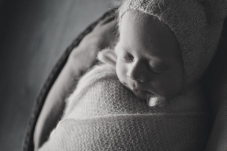 A newborn baby is wrapped in blankets with a wool cap in a basket. A mother's love for her child.の写真素材