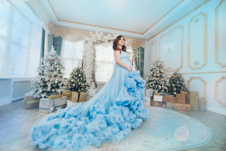 pregnant girl in a lush blue dress. girl with dark hair wearing a crown. christmas decorationの写真素材