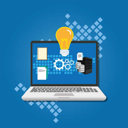 knowledge management concept idea lamp inside laptop vector illustrationのイラスト素材