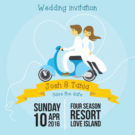 Cute wedding invitation cartoon style template with soft blue background vector illustrationのイラスト素材