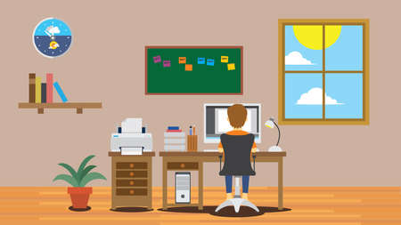 freelancer boy man working on workspace home wall with table in front of computerのイラスト素材