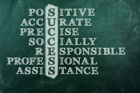 Success and other related words, handwritten in crossword on green blackboard Socially responsible...