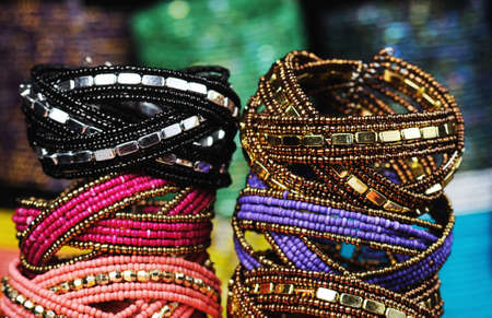 closeup of stack of Handmade beads bracelet の写真素材