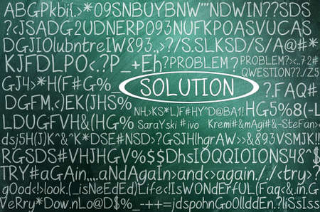 Solution concept in word tag cloud on green chalkboardの写真素材