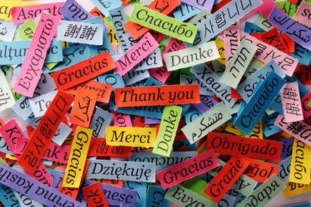 Thank You Word Cloud printed on colorful  paper different languagesの写真素材