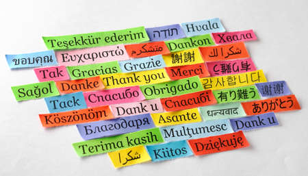 Thank You Word Cloud printed on colorful  paper different languagesの写真素材