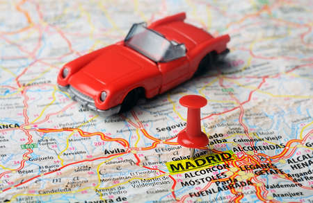 Close up of Madrid  ,Spain map  red pin and car- Travel conceptの写真素材