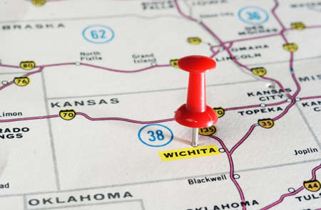 Close up of Wighita   Kansan  USA  map with red pin   - Travel conceptの写真素材