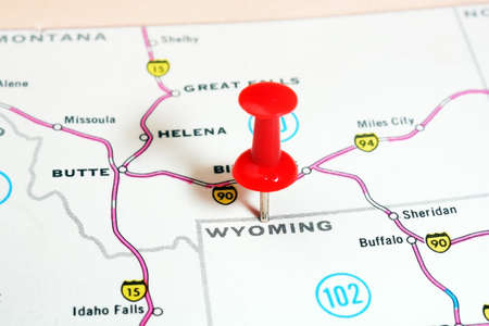 Close up of  Wyoming  state USA  map with red pin - Travel conceptの写真素材