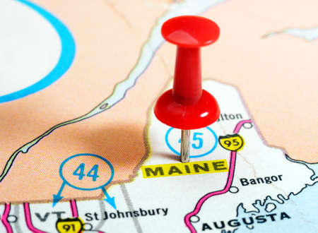 Close up of Maine  state USA map with red pin - Travel concept