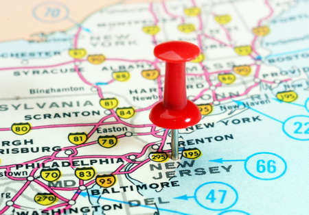 Close up of New Jersey  state USA map with red pin - Travel concept