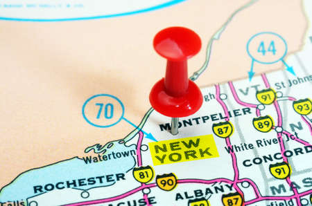 Close up of New York  state USA map with red pin - Travel concept