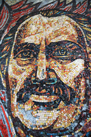 GABROVO, BULGARIA - JULY 20, 2016:  Fragment of mosaic art  of abadoned  Comunistical monument in Buzludza, Bulgaria. Portrait of Georgi Dimitrov - comunistical leader in Bulgaria.のeditorial素材