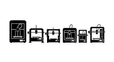 Six black solid filled silhouettes of 3D printers in various stages and sizes, flat desktop shapes,...