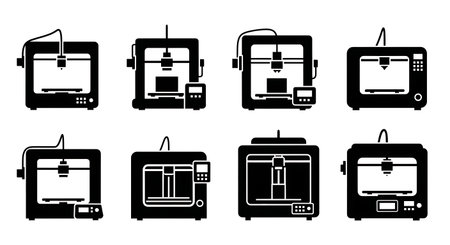 Six black solid filled silhouettes of 3D printers in various stages and sizes, flat desktop shapes,...