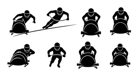 six black solid filled silhouettes illustrating people in different bobsled poses, various sled...