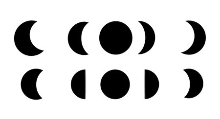 Six black solid filled silhouettes of stylized crescent moons and lunar phases, no internal details,...