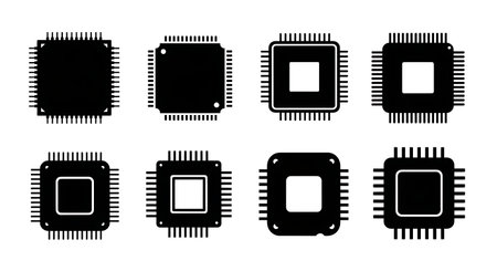 Six unique black solid filled silhouettes of computer processors (CPU) and microchips, flat square...
