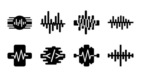 A pack of six different black solid silhouettes of futuristic data stream icons and code pulses, no...
