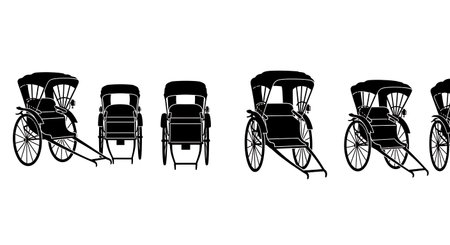 six black solid filled silhouettes depicting various traditional Japanese rickshaws and jinrikishas,...