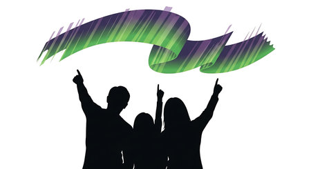 A vector silhouette of a familyÃ¢â‚¬â€two adults and a childÃ¢â‚¬â€pointing up at the aurora borealis together. Isolated on a plain white background to represent shared family moments and wonder.